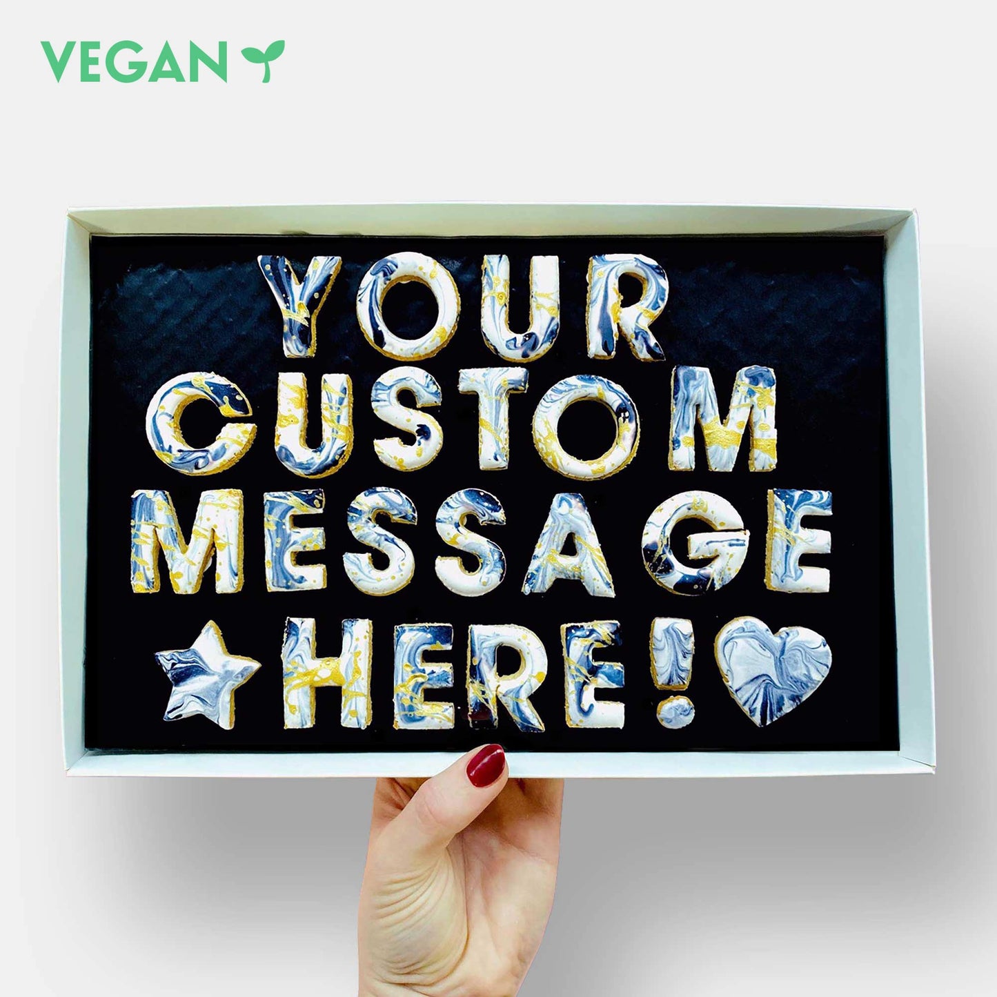 Vegan Personalised Custom Iced Cookie Message Box - Grey Marble (30)
