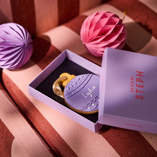 Vegan Personalised Purple Christmas Bauble Letterbox Iced Cookie