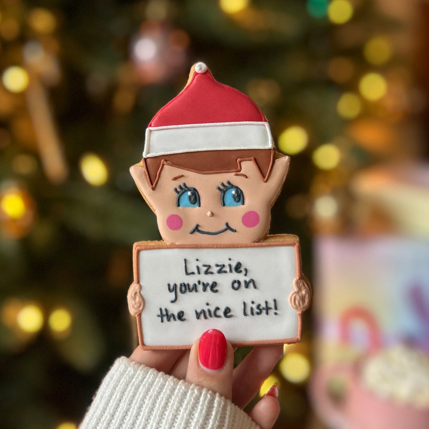 Personalised Christmas Cheeky Elf Letterbox Iced Cookie