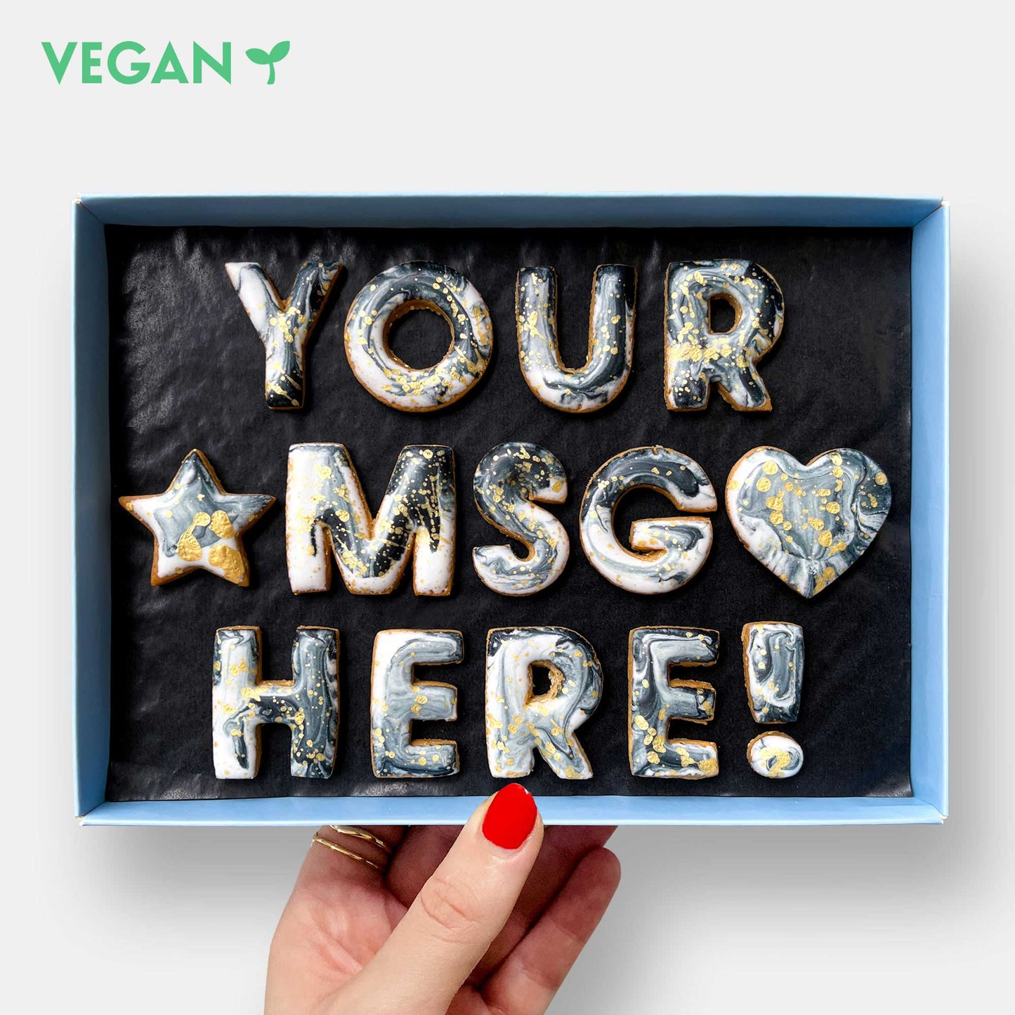 Vegan Personalised Custom Iced Cookie Message Box - Grey Marble (14)