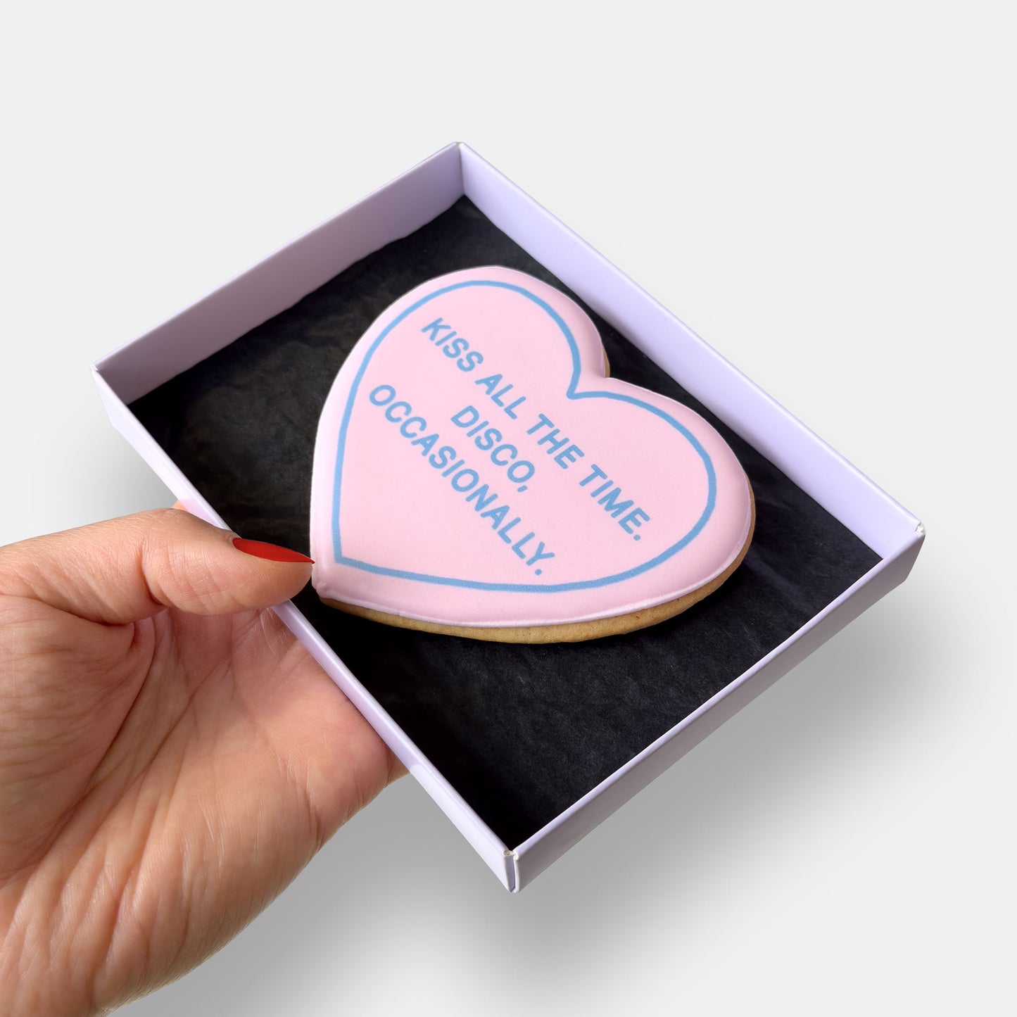 Kiss All The Time Disco Occasionally Heart Letterbox Printed Iced Cookie