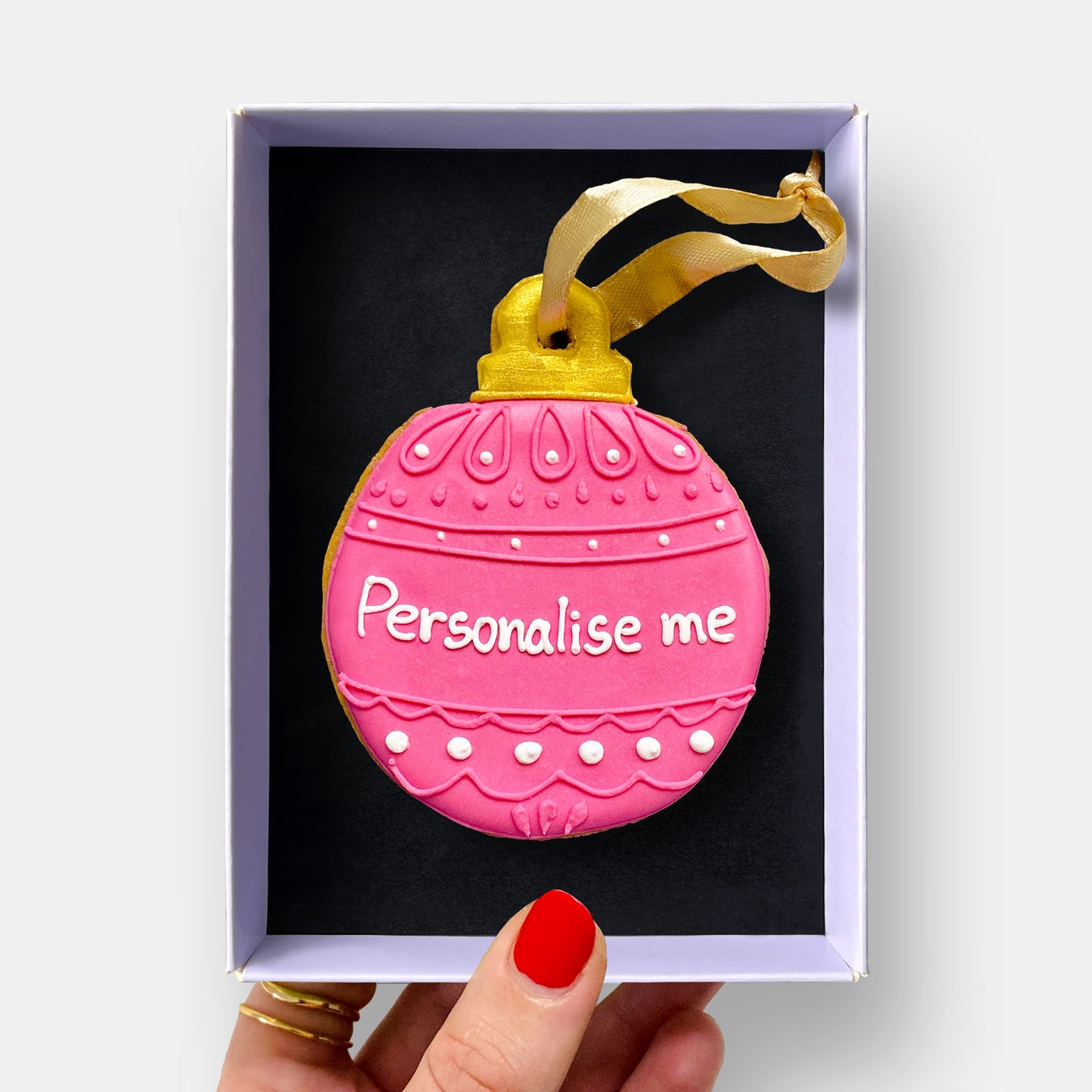 Personalised Pink Christmas Bauble Letterbox Iced Cookie