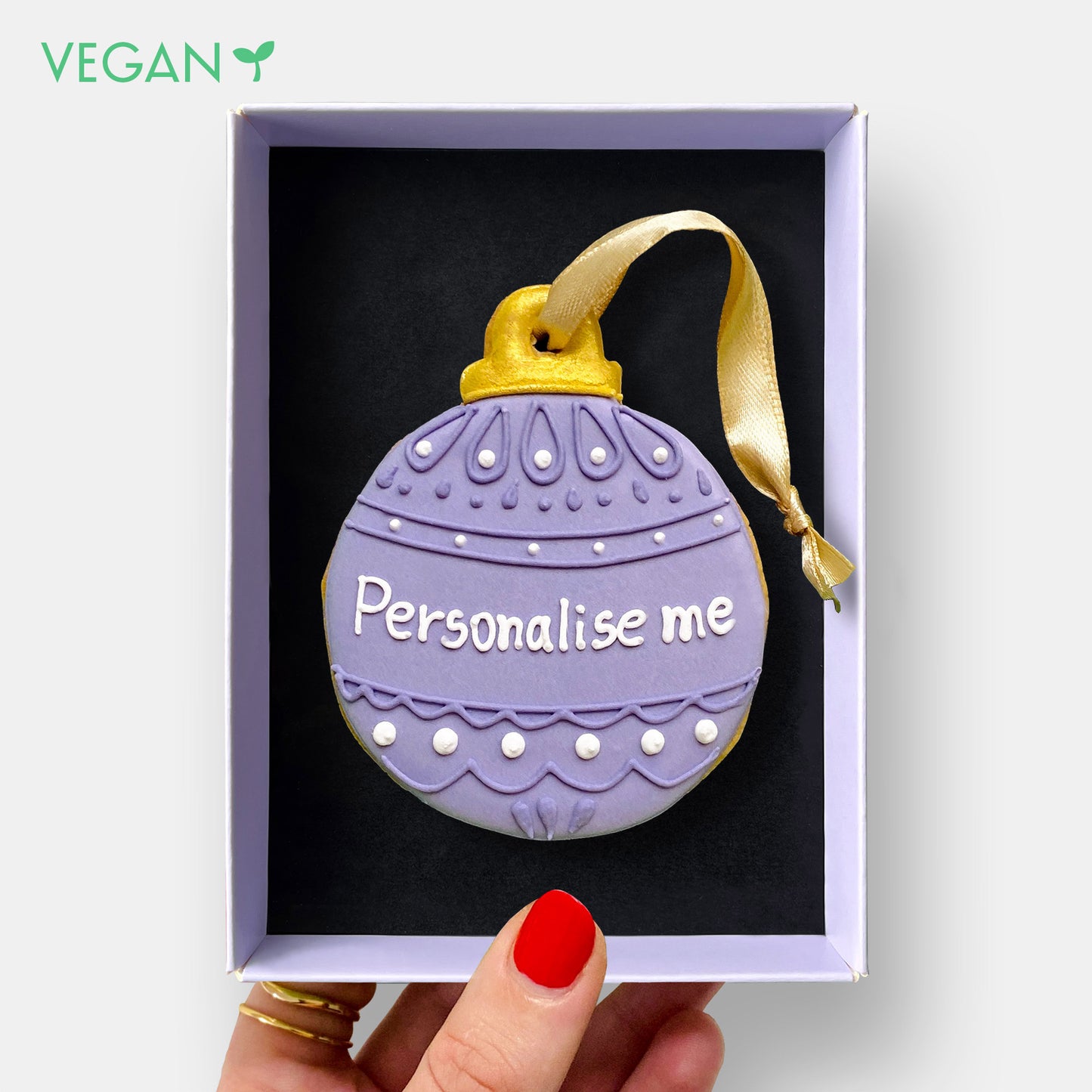 Vegan Personalised Purple Christmas Bauble Letterbox Iced Cookie