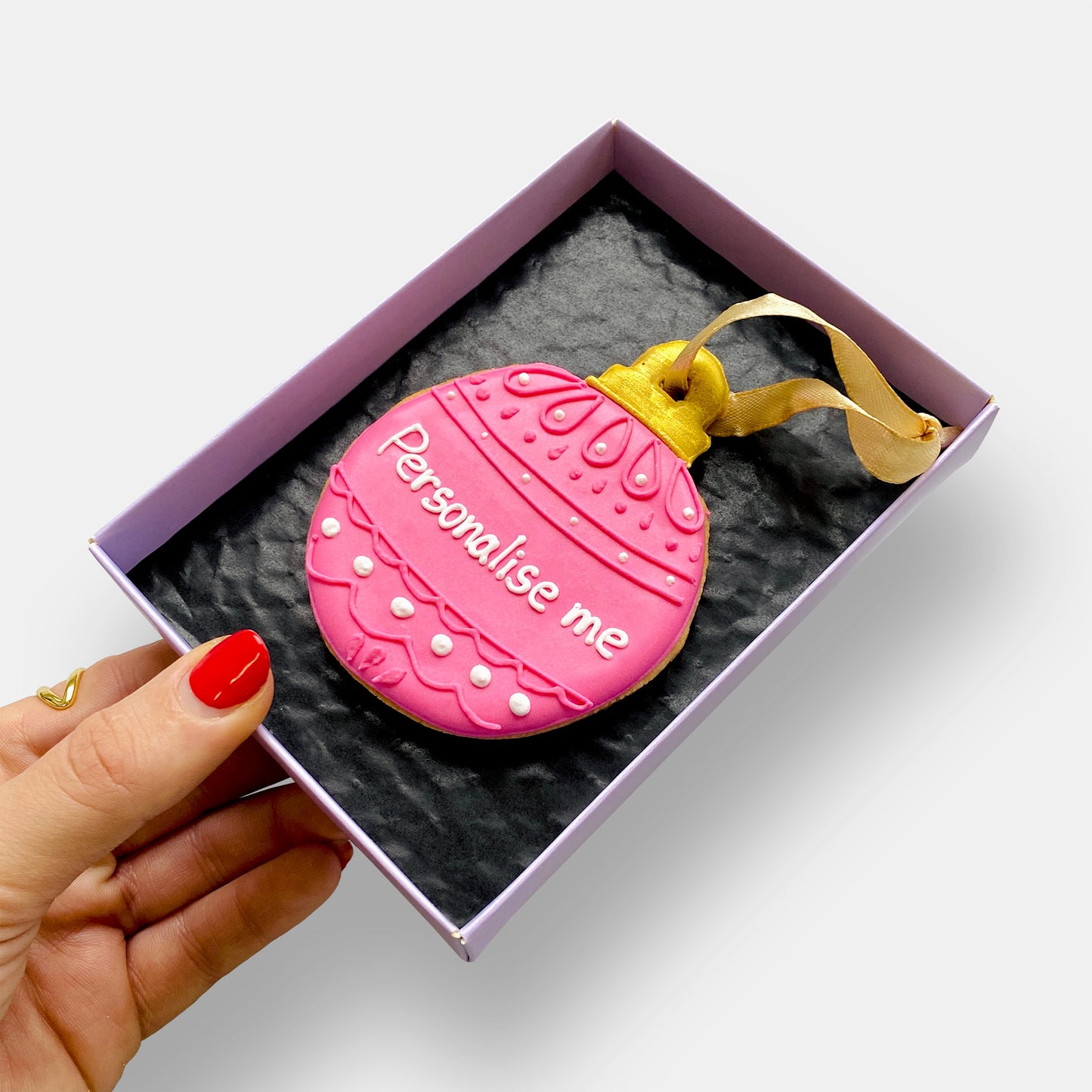 Personalised Pink Christmas Bauble Letterbox Iced Cookie