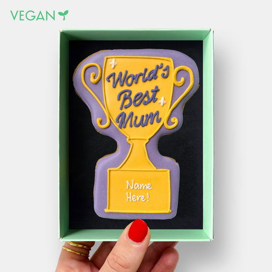 Vegan Personalised Best Mum Trophy Mother's Day Letterbox Iced Cookie