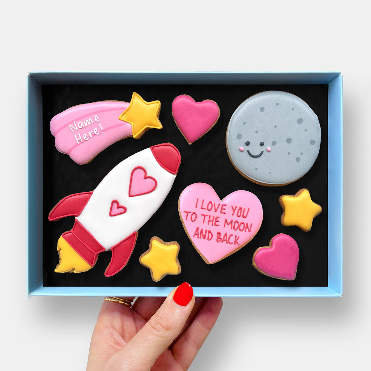 Personalised Love You To Moon Letterbox Iced Cookies
