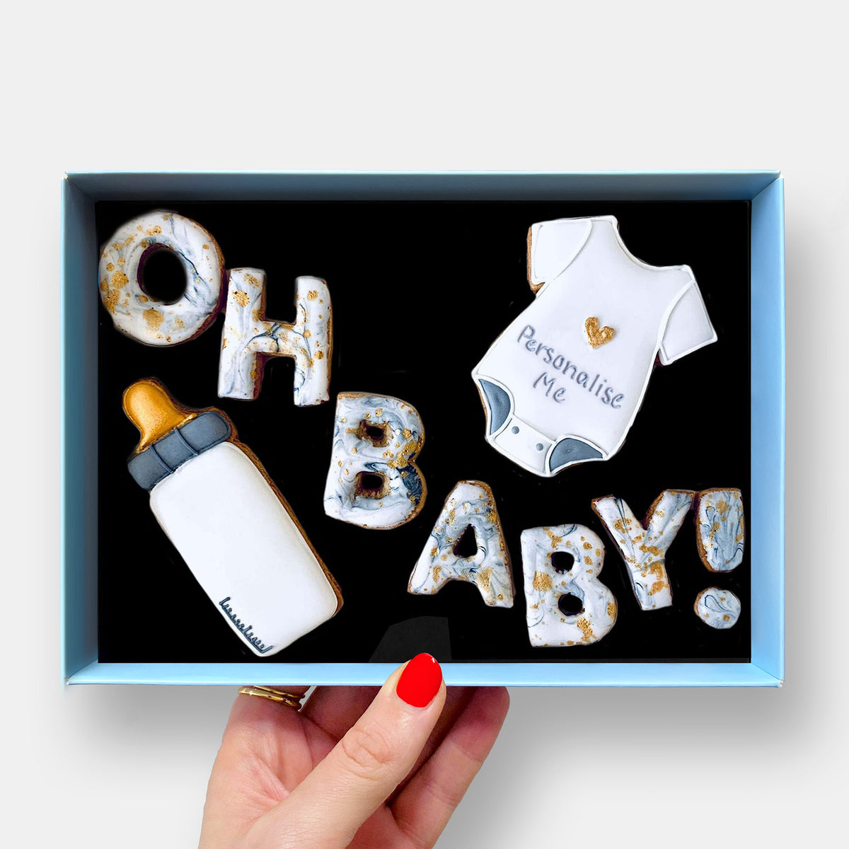 Personalised Oh Baby! - New Baby Grey Letterbox Iced Cookies