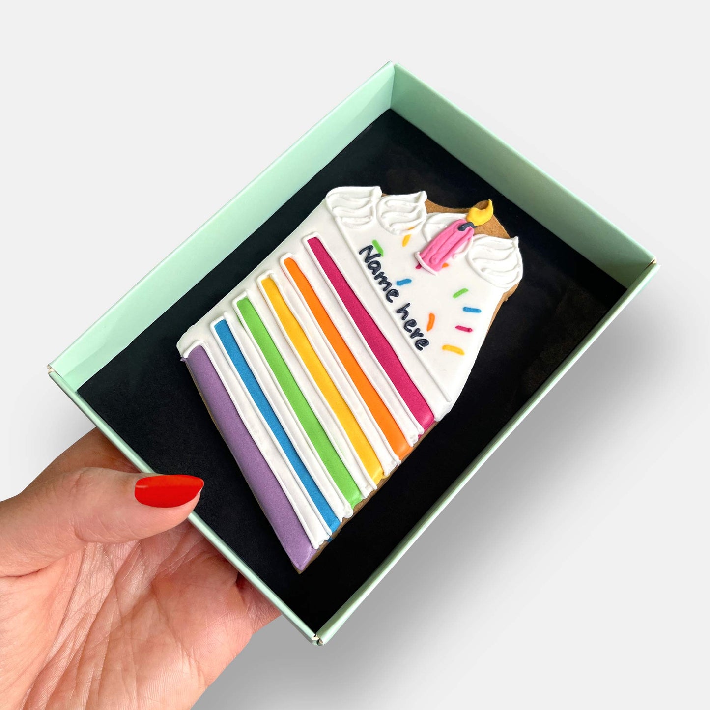 Personalised Rainbow Birthday Cake Slice Letterbox Iced Cookie