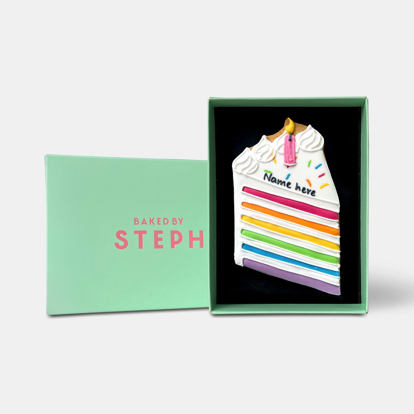 Personalised Rainbow Birthday Cake Slice Letterbox Cookie