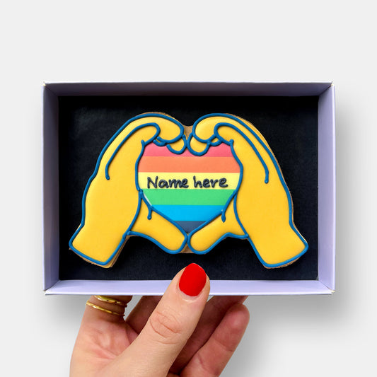 Personalised Rainbow Heart Hands Letterbox Cookie