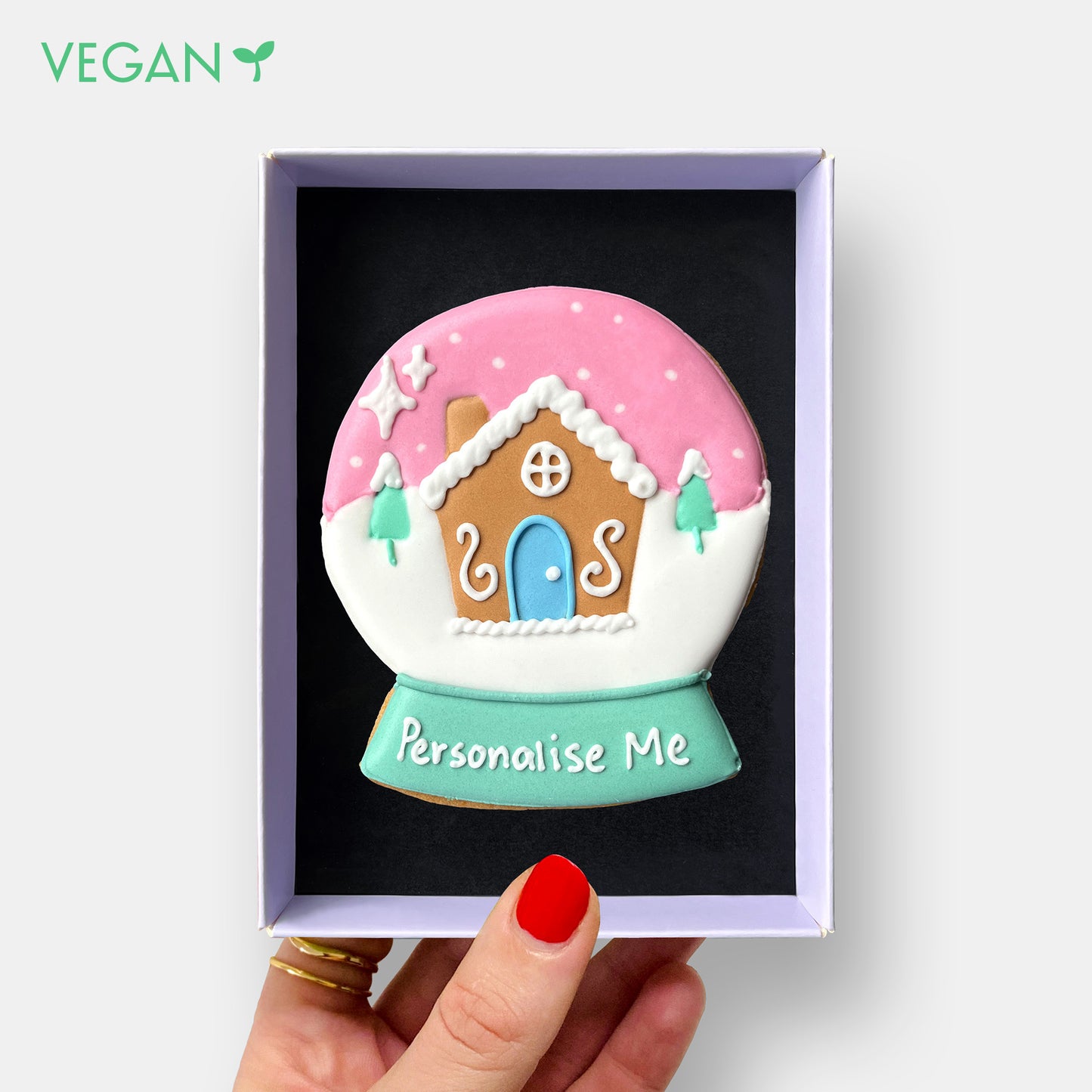 Vegan Personalised Christmas Snow Globe Letterbox Iced Cookie