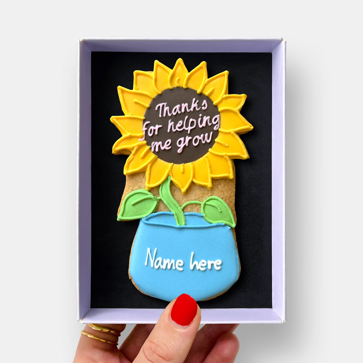 Personalised Thanks For Helping Me Grow Sunflower Teacher Letterbox Iced Cookie