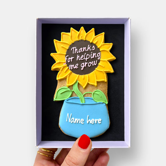 Personalised Thanks For Helping Me Grow Sunflower Teacher Letterbox Iced Cookie