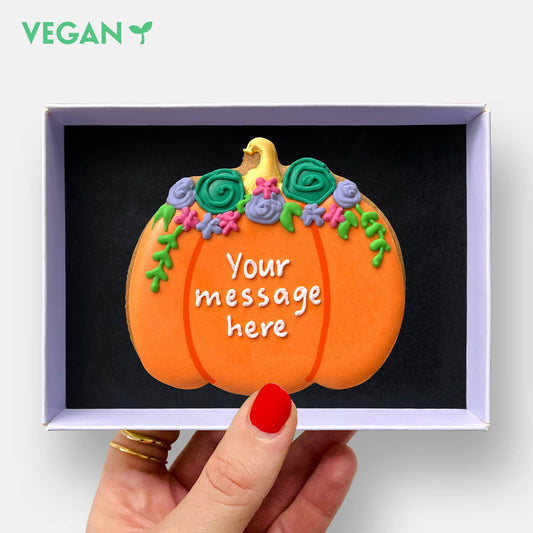 Vegan Personalised Floral Pumpkin Autumn Letterbox Iced Cookie