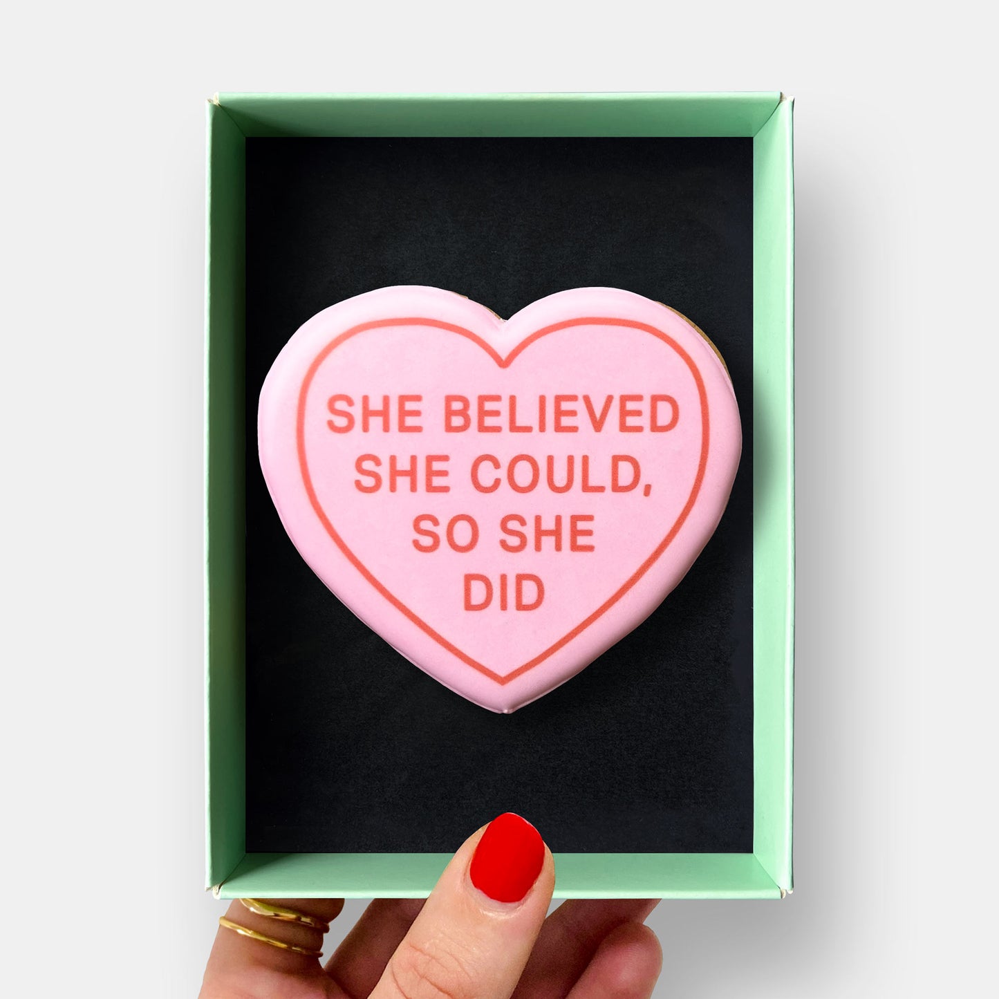 She Believed She Could Heart International Women's Day Letterbox Printed Iced Cookie