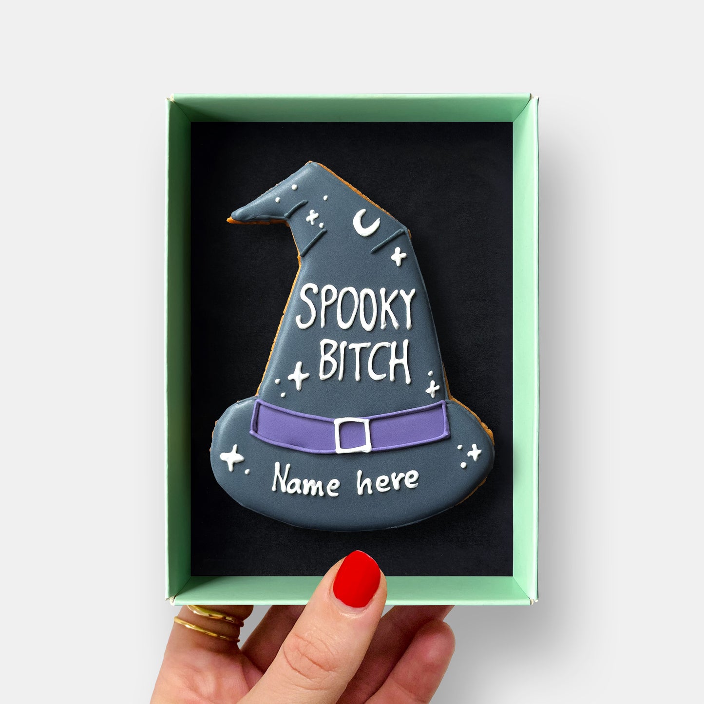 Personalised Spooky Bitch Witch Hat Halloween Letterbox Iced Cookie