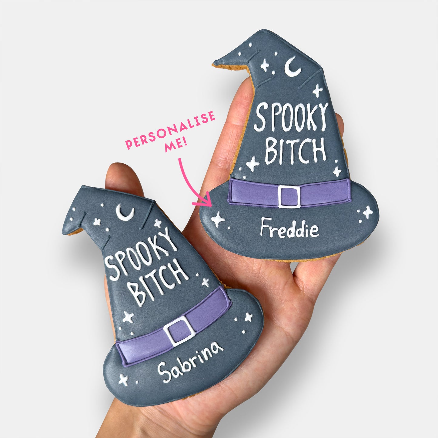Personalised Spooky Bitch Witch Hat Halloween Letterbox Iced Cookie