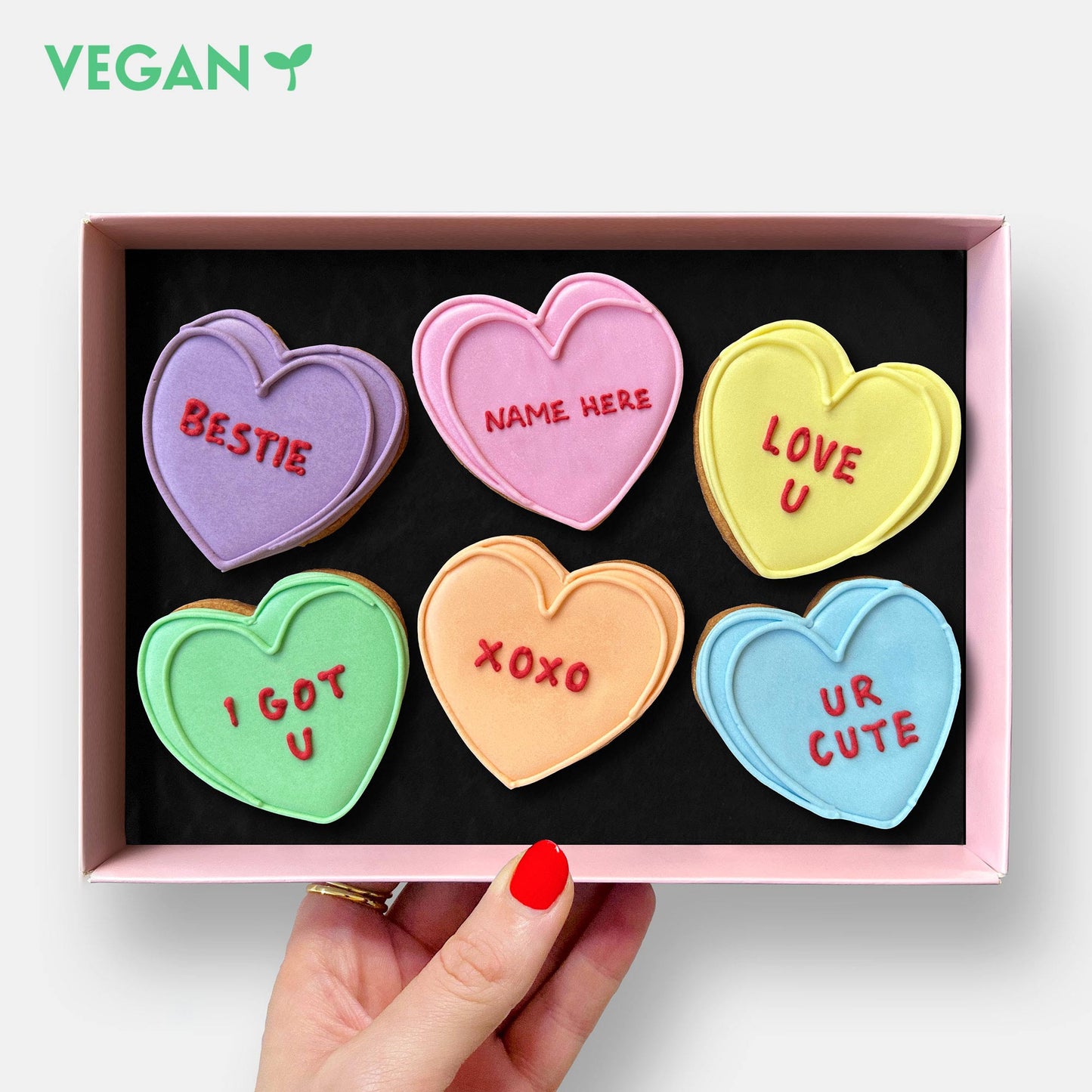 Vegan Personalised Love Hearts Letterbox Iced Cookies