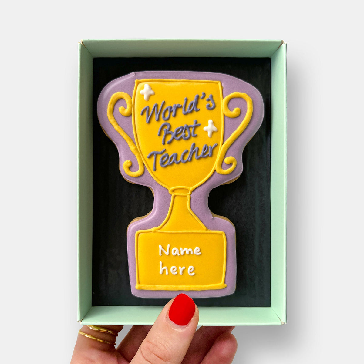 Personalised Best Teacher Trophy Letterbox Iced Cookie