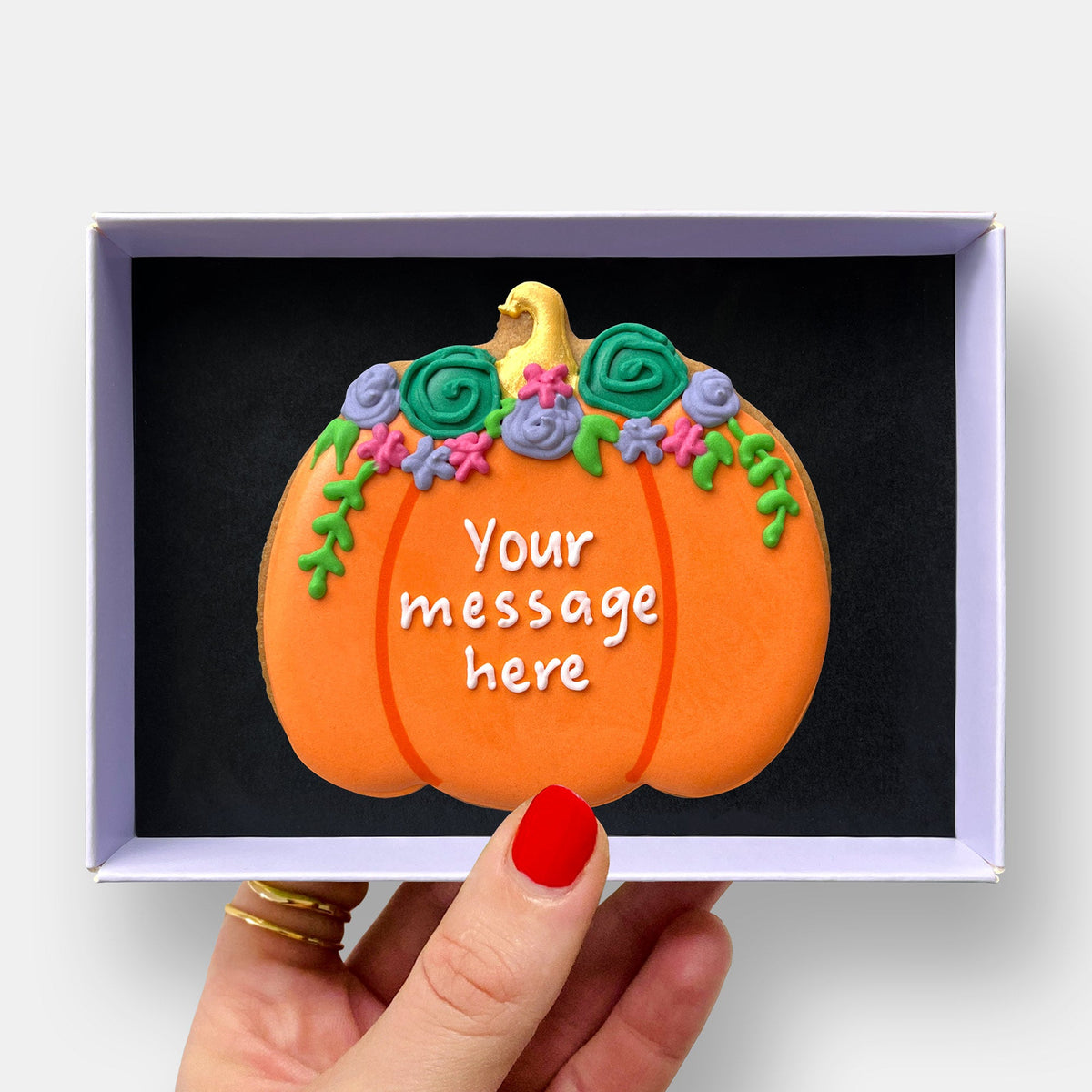Vegan Personalised Floral Pumpkin Autumn Letterbox Iced Cookie