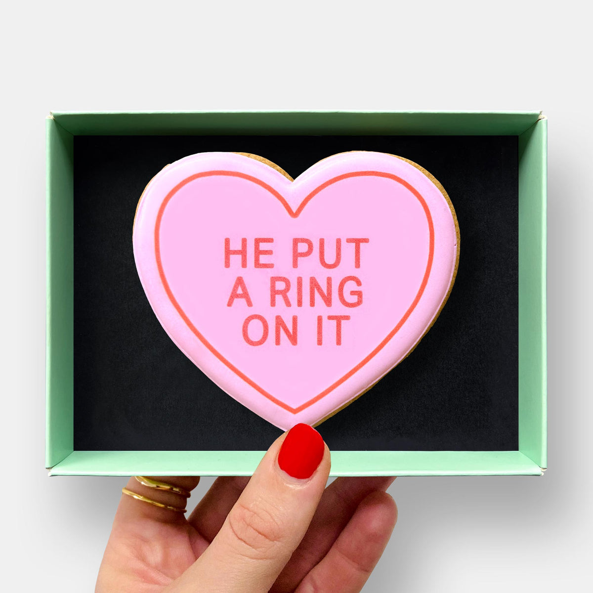 He Put Ring On It Engagement Heart Letterbox Printed Iced Cookie