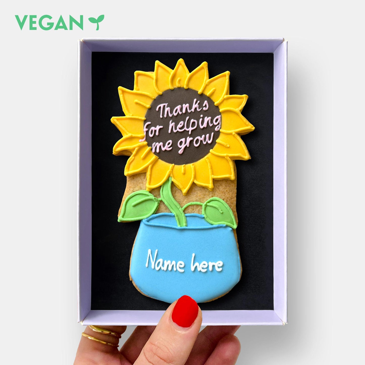 Vegan Personalised Thank You Teacher Sunflower Letterbox Iced Cookie